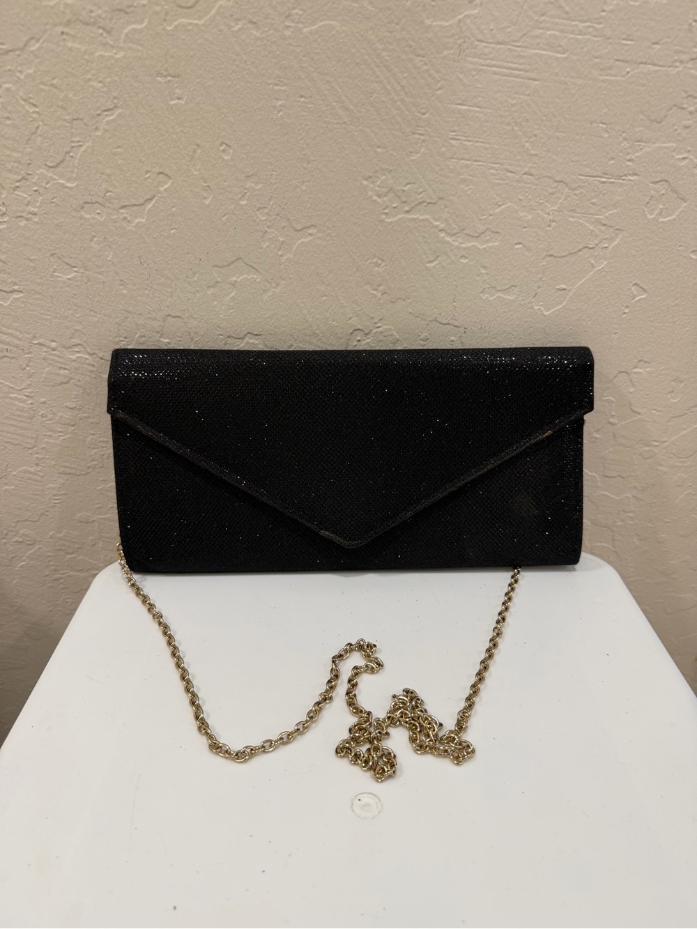 Aldo Black Sparkle Envelope Clutch with Gold Chain